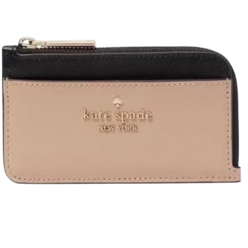 Kate Spade Card Holder Wallet Beige Black Excellent Saffiano Leather Zip Wallet